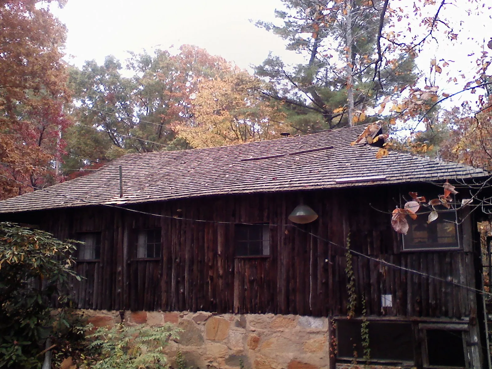 Weathered wood shake roof on a rustic board sided cabin in Youngstown